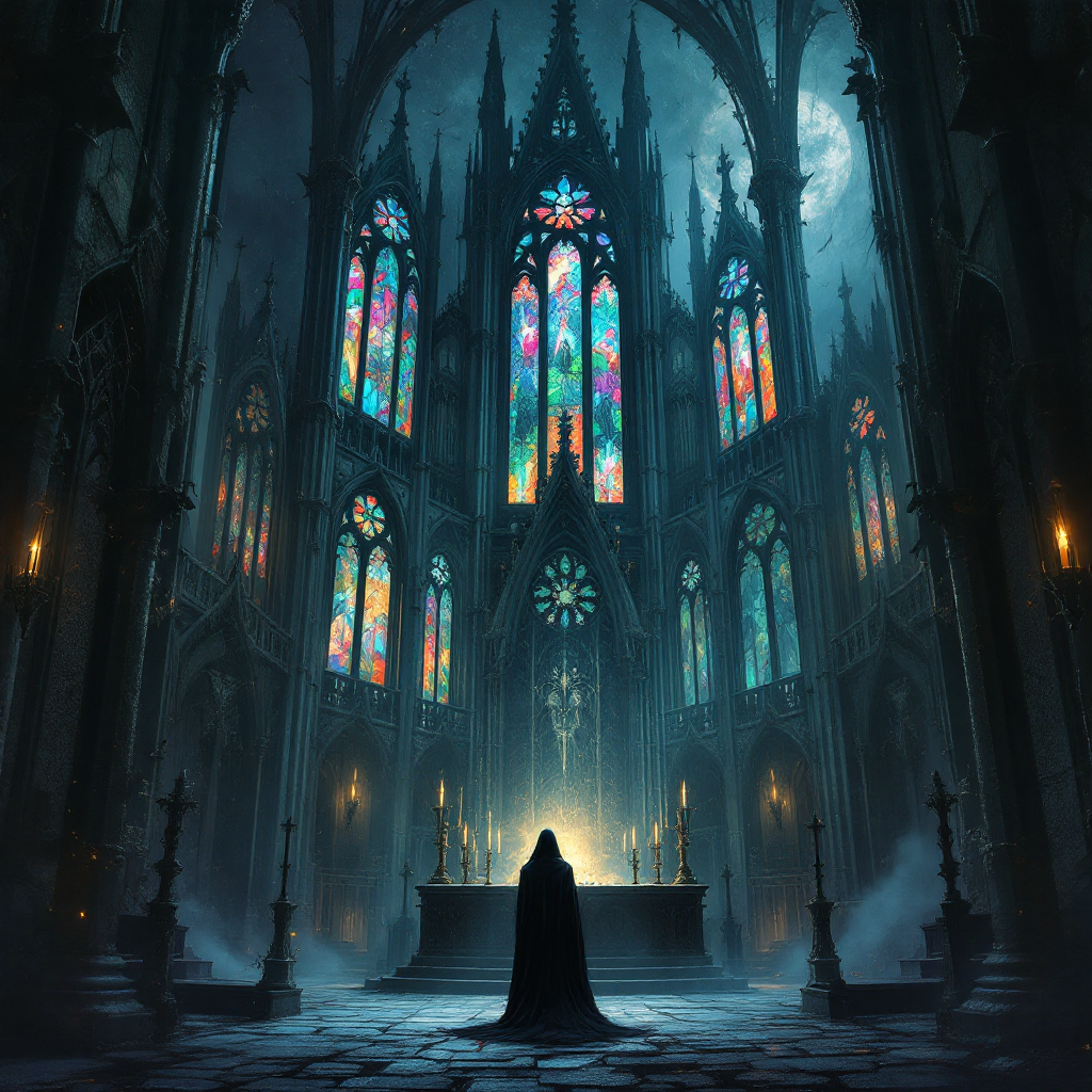 A shadowy figure stands before an illuminated altar in a grand, dark cathedral, colorful stained glass windows casting ethereal light, embodying the struggle of will and divine intention.