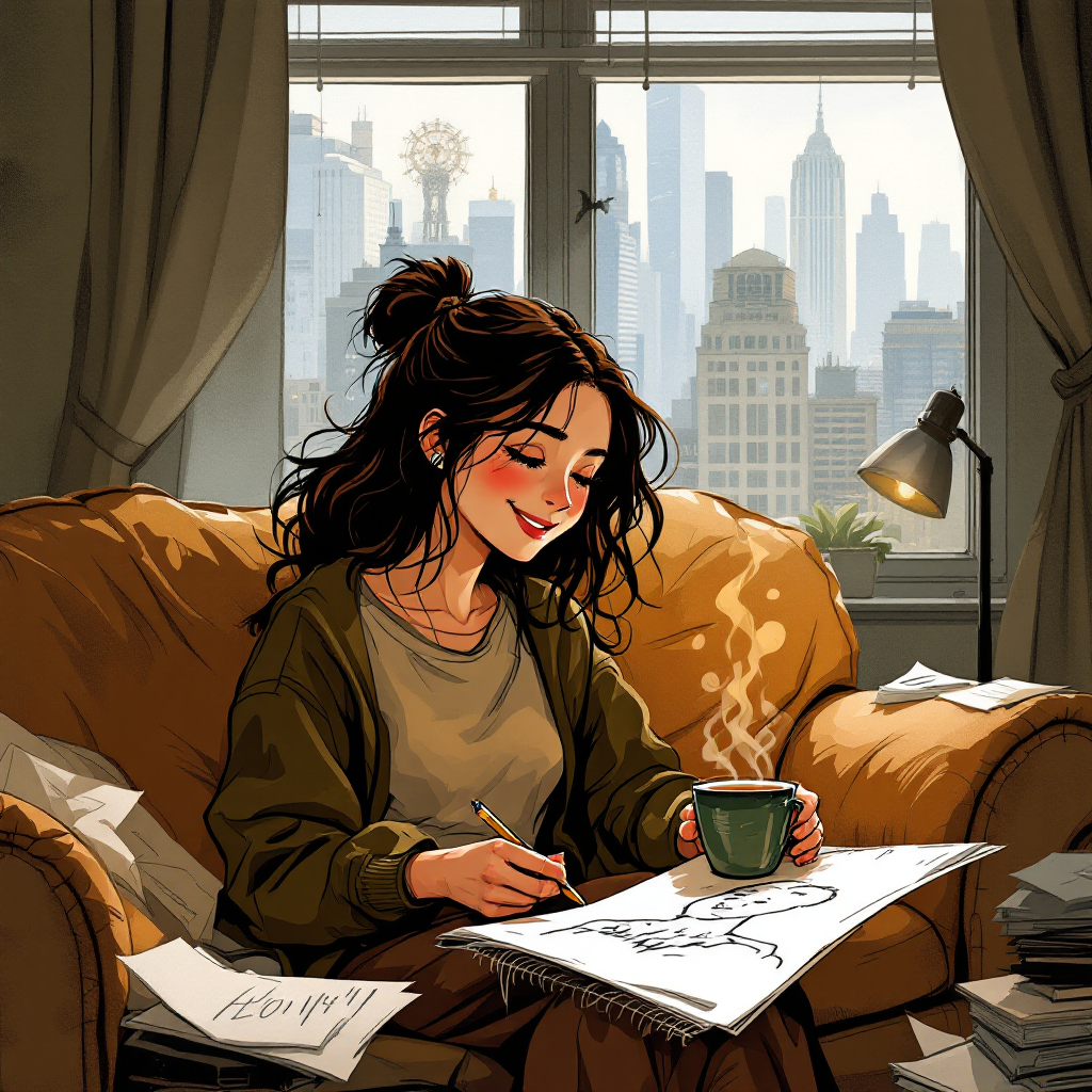 A young woman sits comfortably in an apartment, sketching in a notebook with a cup of coffee beside her, overlooking a vibrant city skyline through large windows.