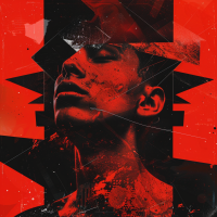 Digital artwork of a person's fragmented face in bold red and black, symbolizing resilience and intensity, inspired by the themes of hardship, hate, and love.