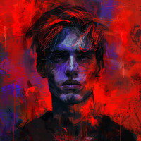 Abstract portrait of a man with a stern expression, painted in vivid red and blue tones, capturing a sense of being shaped by both hate and love.