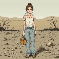 A young woman stands alone in a barren landscape, holding a briefcase, embodying resilience amidst desolation, reflecting the sentiment: We can’t fix everything, but we can try.