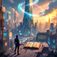 A futuristic cityscape with a towering structure and swirling lights, featuring a large open book in the foreground, symbolizing curiosity as the foundation for discovery and advancement.