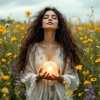 A woman stands in a vibrant flower field, eyes closed and face upward, holding a glowing orb in her hands, embodying the essence of diverse experiences beyond mistakes.