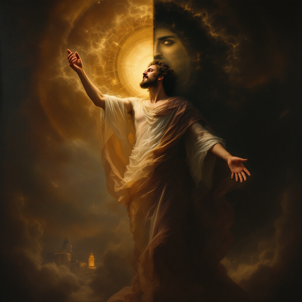 A figure in flowing robes reaches toward a radiant sun, embodying the balance of light and shadow, symbolizing humanity's duality between darkness and enlightenment.