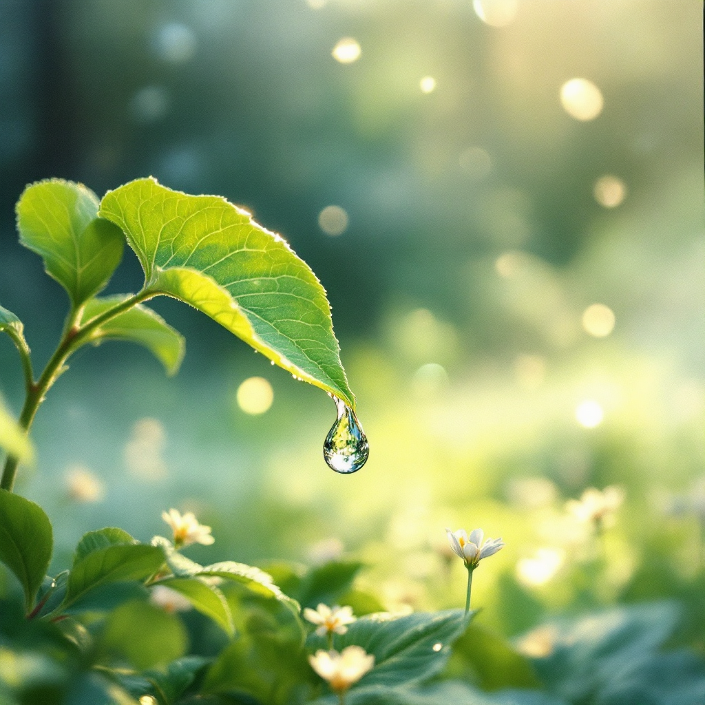 A close-up of a green leaf with a droplet of water, surrounded by softly blurred flowers and sunlight filtering through trees, capturing the vibrant essence of nature's song in Zikola.