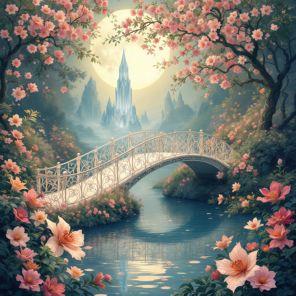 A serene landscape featuring a delicate white bridge over a shimmering river, surrounded by blooming flowers and a mystical castle under a full moon, embodying a world of fantasy and imagination.