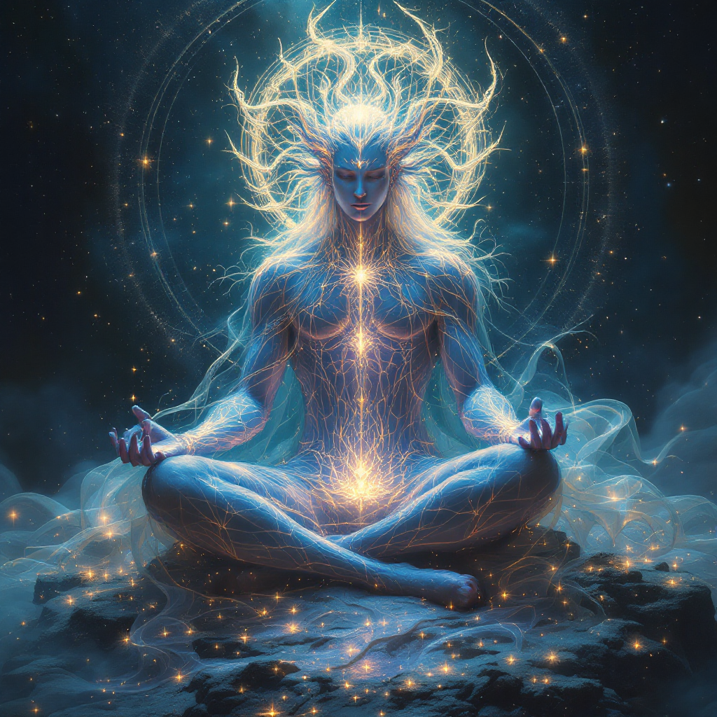 A luminous, ethereal figure sits in meditation, radiating energy and light, embodying the concept of Eru, the One, from the beginning of creation as described in the quote.