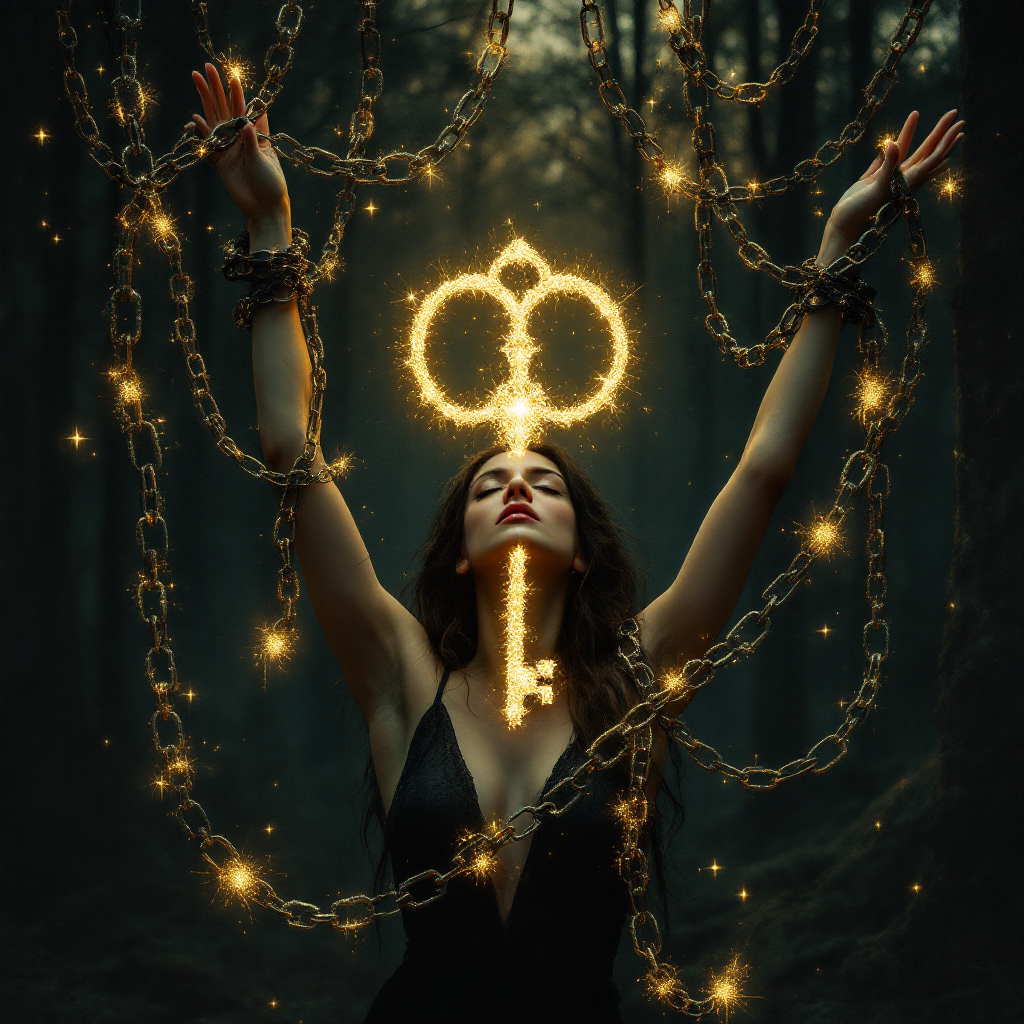 A woman in a dark forest raises her arms, bound by chains, as a glowing key hovers above her, symbolizing liberation from the chains that bind her.