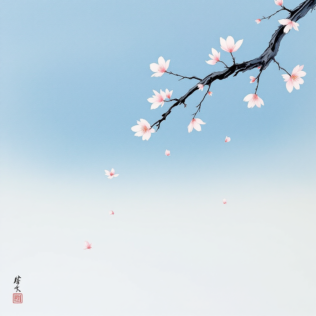 A delicate branch adorned with soft pink blossoms stretches against a serene blue backdrop, symbolizing the beauty and vulnerability of deep love amid life's risks.