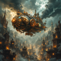 A majestic steampunk airship hovers over a chaotic, stormy cityscape, illuminated by warm lights amidst dark clouds, symbolizing unity rising from turmoil.