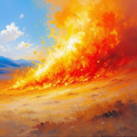 A vibrant scene shows a bright fire cascading over a landscape under a clear blue sky, capturing the dynamic contrast between flames and serene nature.