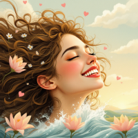 A joyful woman with flowing hair smiles amid flowing water and blooming lotus flowers, embodying the contrast between dreamlike love and the harsh realities of love in action.