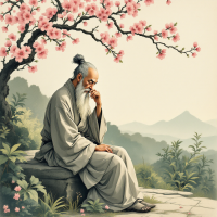 A contemplative figure in traditional attire sits beneath a blooming cherry blossom tree, deep in thought against a serene landscape, embodying the connection between philosophy and life's challenges.