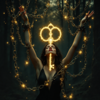 A woman in a dark forest raises her arms, bound by chains, as a glowing key hovers above her, symbolizing liberation from the chains that bind her.