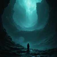 A solitary figure stands at the edge of a dark abyss, gazing upwards towards a glowing, ethereal light, embodying the tension of curiosity and fear reflected in the abyss.