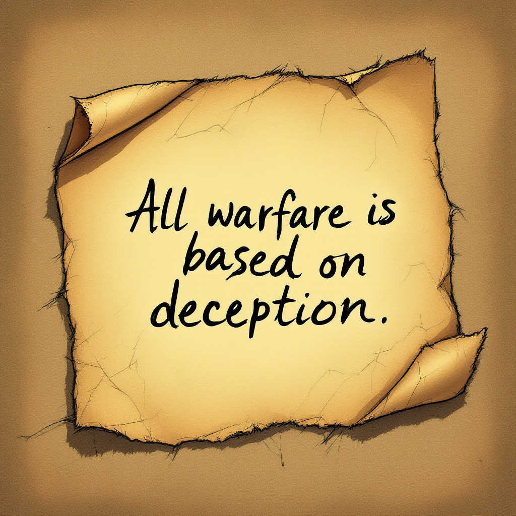 A torn parchment with a weathered look features the quote, All warfare is based on deception, in bold, black script against a warm, beige background.