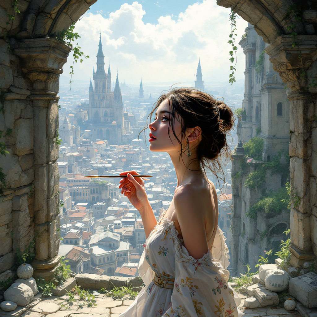 A woman in a flowing dress gazes thoughtfully over a cityscape through a stone arch, capturing the essence of possibility in a visually enchanting world.