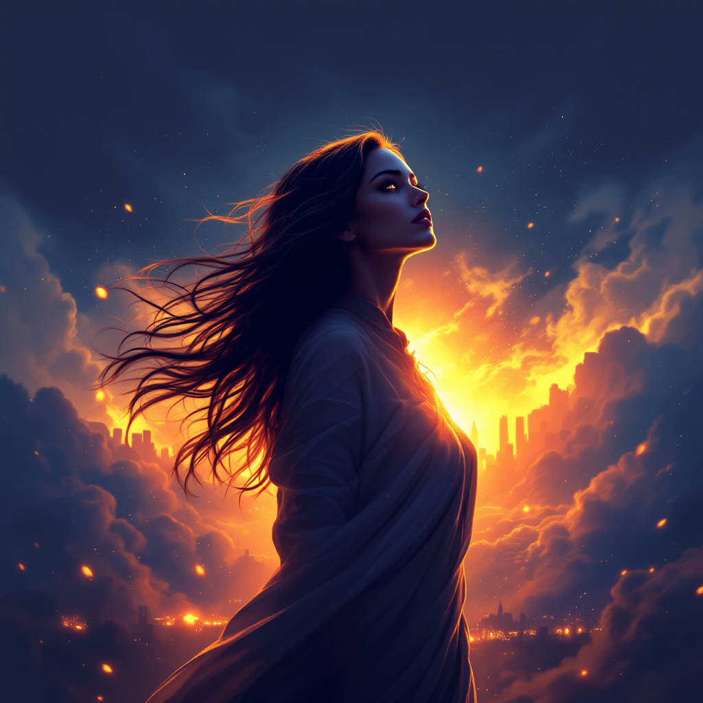 A determined woman stands against a backdrop of vibrant flames and dark clouds, embodying the quote about the human spirit igniting bravery in challenging times.