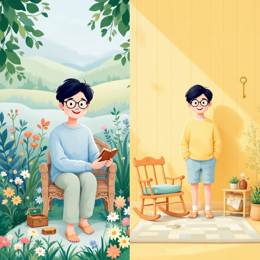 A split-image features a boy reading contently in a lush garden on one side, and standing casually inside a bright room with a rocking chair on the other, embodying simplicity and joy.