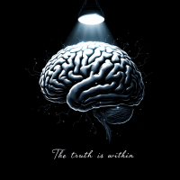 A stylized brain illuminated by a spotlight against a dark background, accompanied by the text The truth is within. It emphasizes introspection and reliance on one's own understanding.