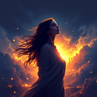 A determined woman stands against a backdrop of vibrant flames and dark clouds, embodying the quote about the human spirit igniting bravery in challenging times.