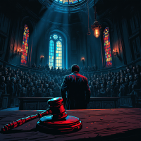 A lone figure stands before a packed courtroom, illuminated by stained glass light, a gavel resting on the table, embodying the tension of legal decisions as entertainment.