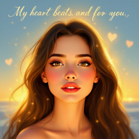 A close-up of a young woman with flowing hair and a serene expression, bathed in warm light. The background features sparkling hearts, emphasizing the quote, My heart beats for you, and you alone.