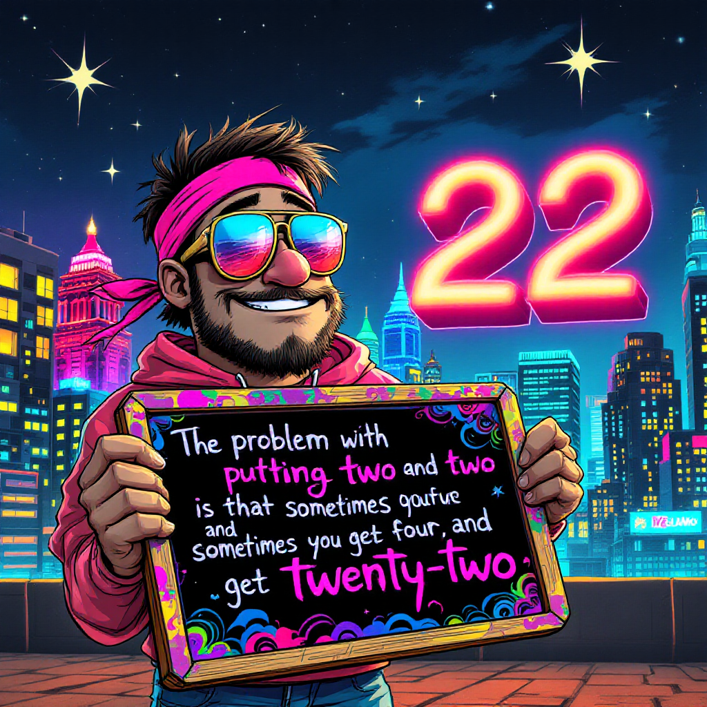 A vibrant, animated scene features a jovial man in sunglasses and a headband, holding a colorful sign with the quote about math, set against a dazzling city skyline at night.