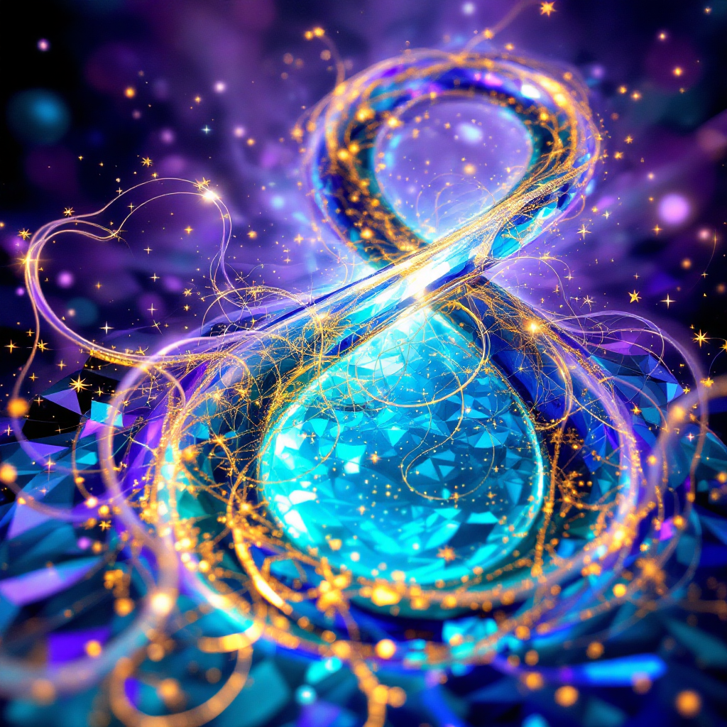 An artistic representation of the infinity symbol, intricately designed with swirling blue and gold lines against a vibrant purple background, evoking a sense of depth and wonder.