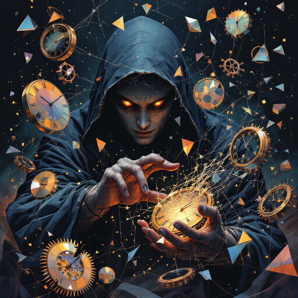 A hooded figure with glowing eyes manipulates floating clocks and gears, surrounded by a mysterious dark background filled with geometric shapes and swirling light.