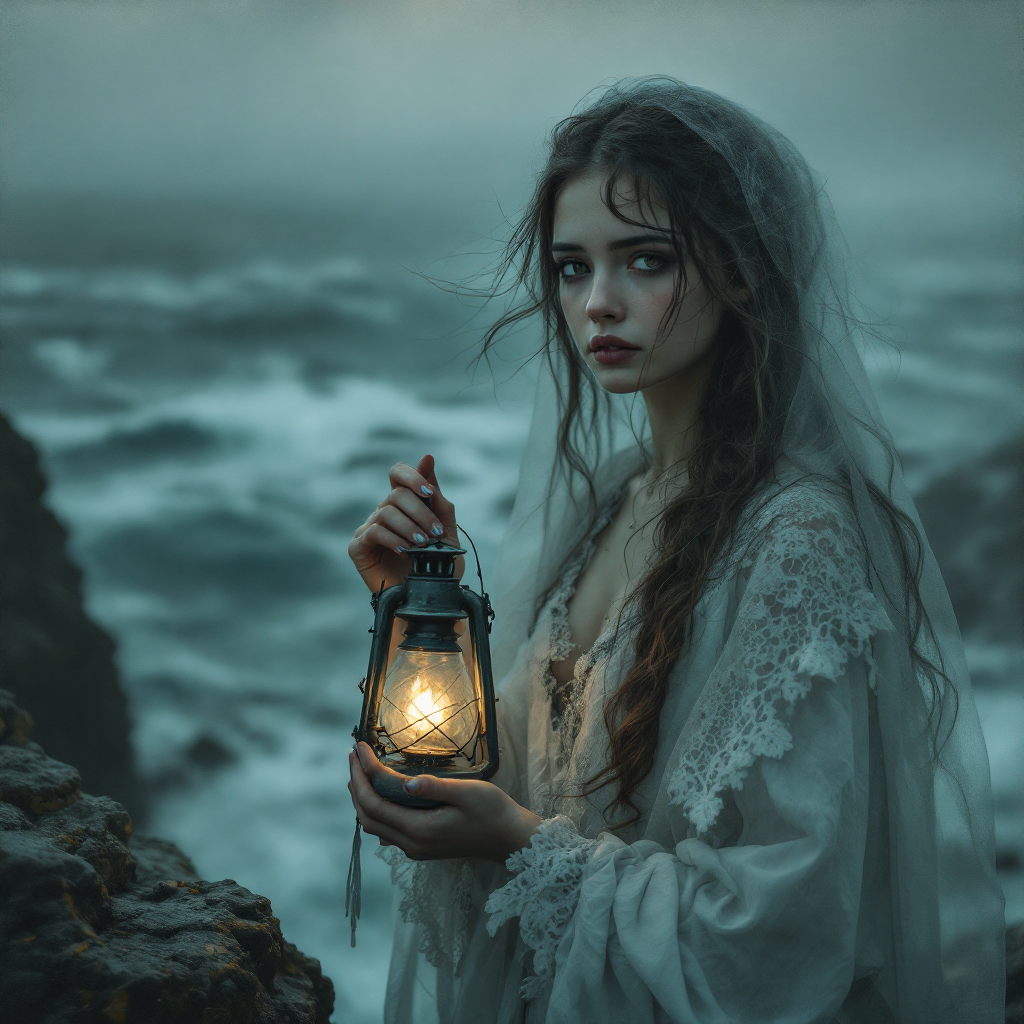 A young woman in a flowing, ethereal gown stands by tumultuous waves, holding a glowing lantern. Her expression evokes a sense of hope amidst a stormy backdrop, embodying the fragility and strength of hope.