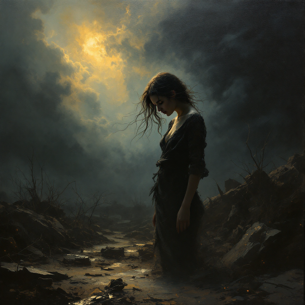 A figure in a dark dress stands amidst a desolate landscape, gazing downward. Ominous clouds and a faint light create a poignant atmosphere, reflecting the theme of life's choices and challenges.