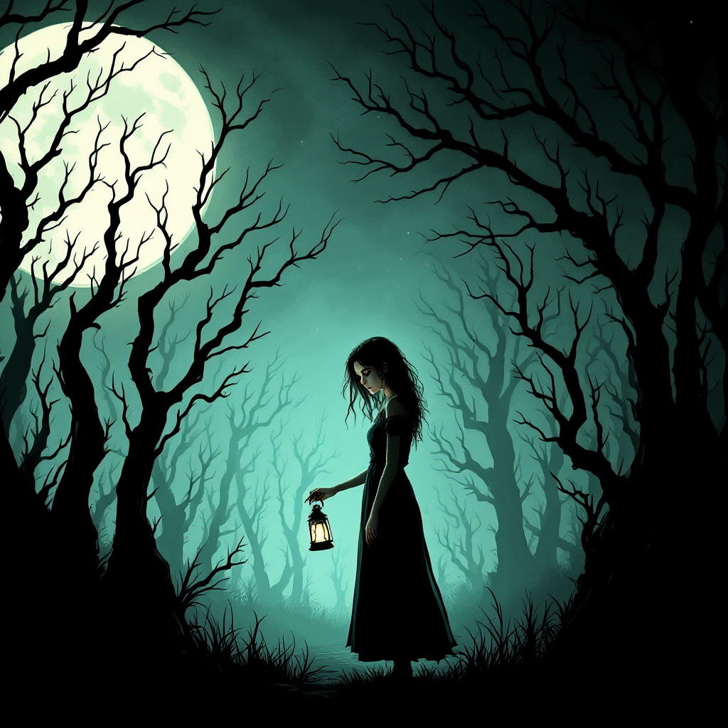 A figure in a dark forest holds a lantern, surrounded by eerie, twisted trees under a full moon, embodying the haunting idea that inner darkness can be more frightening than external shadows.