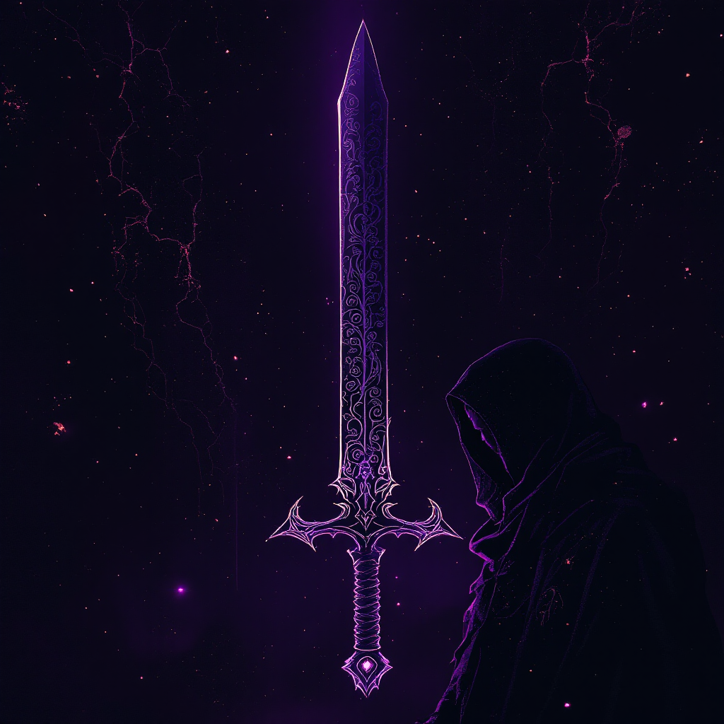 A mysterious figure in a dark cloak gazes at a shimmering purple sword, symbolizing the dual nature of knowledge as both a savior and a destroyer.