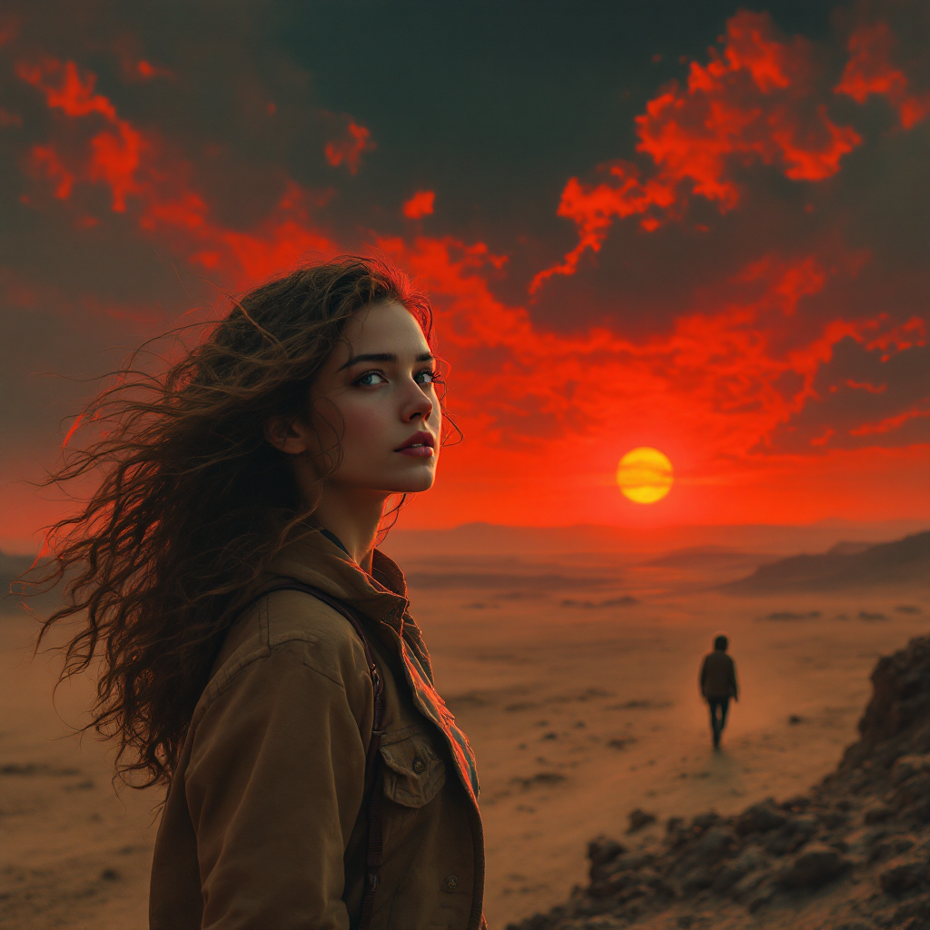 A woman with wind-swept hair stands against a dramatic sunset in a desolate landscape, reflecting on the idea that freedom, like everything else, is relative. A figure walks in the distance.