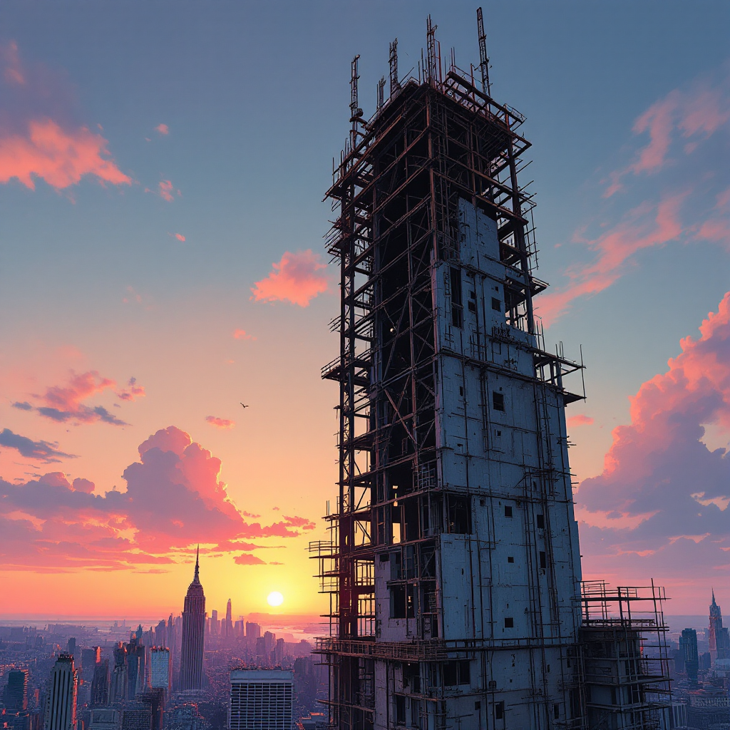 A skeletal skyscraper stands against a vibrant sunset, embodying the beauty of incompleteness, echoing the quote about unfinished things holding their own charm.