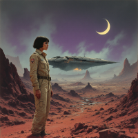 A solitary figure in a space suit stands on a red desert landscape, gazing at a sleek spaceship and a crescent moon, embodying resilience in the face of challenges.