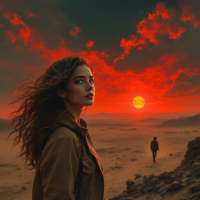 A woman with wind-swept hair stands against a dramatic sunset in a desolate landscape, reflecting on the idea that freedom, like everything else, is relative. A figure walks in the distance.