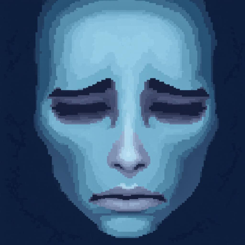 A somber, pixelated face with closed eyes and a sorrowful expression, embodying themes of fear and despair, resonating with the quote about fear as a mind-killer.