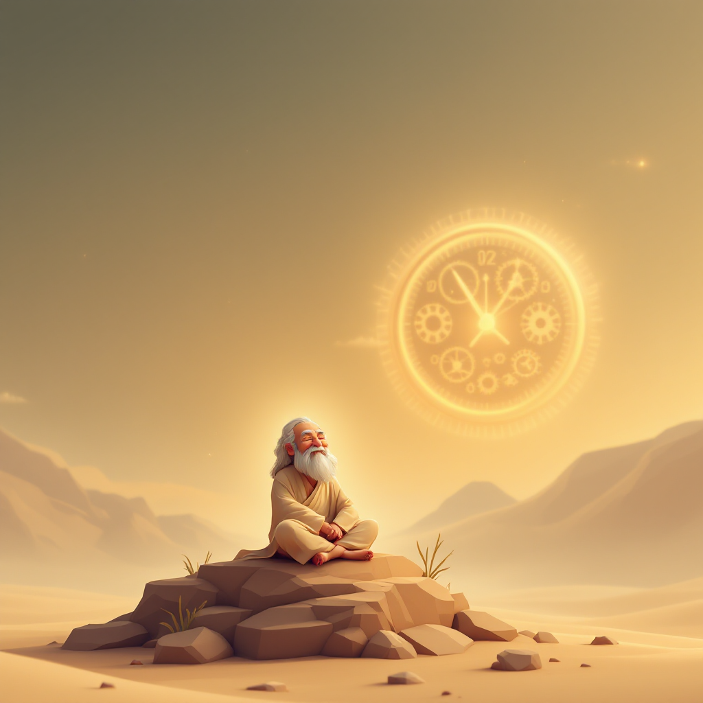 A wise figure meditates on a rocky outcrop in a vast desert, illuminated by a glowing clock symbol, embodying the quote's theme of understanding time's patience.