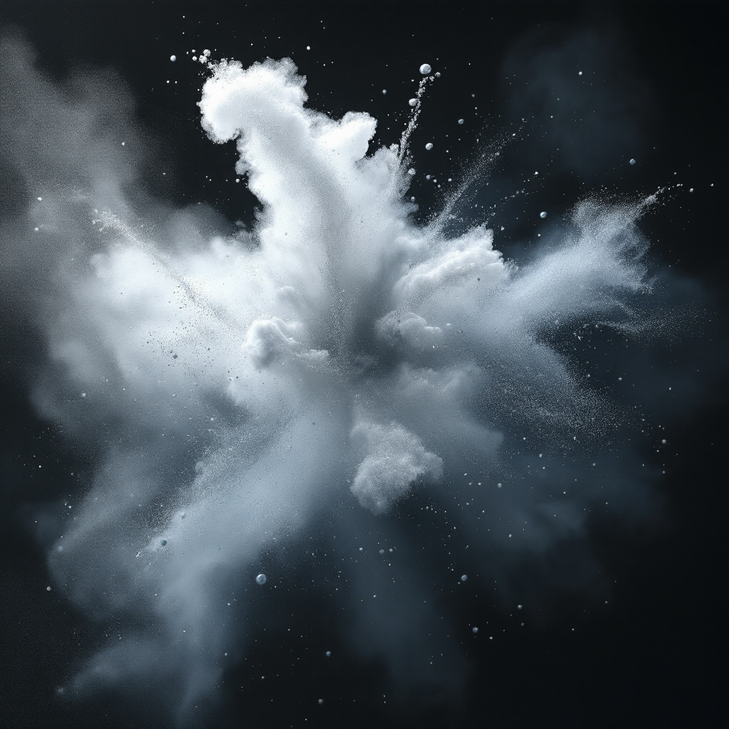 A billowing cloud of white powder bursts against a dark background, evoking a sense of mystery and contemplation about the nature of reality and perception.