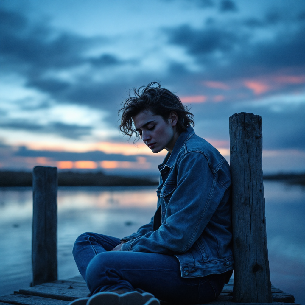 A reflective figure sits on a dock at dusk, gazing into the tranquil water as colorful clouds fill the sky, embodying the sentiment of being present for others.