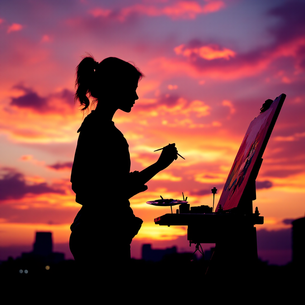 A silhouette of an artist painting on an easel at sunset, embodying the quote, The only way to do great work is to love what you do, against a vibrant sky.