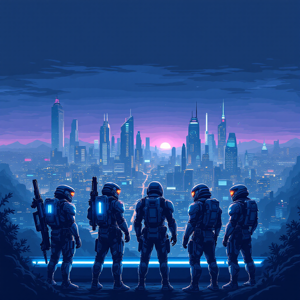 Four futuristic soldiers stand at the edge of a city, overlooking a skyline illuminated by a vibrant sunset, embodying strength, information, and adaptability.