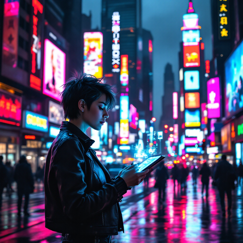 A person in a leather jacket stands in a vibrant, neon-lit urban street, engrossed in reading on a tablet, surrounded by the bustling energy of the city at night.