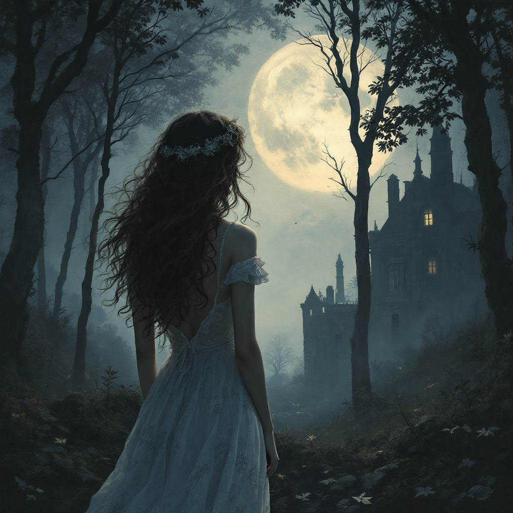 A figure in a flowing white dress stands in a dark forest, gazing at a looming, eerie mansion under a full moon, embodying the quote about confronting the past.