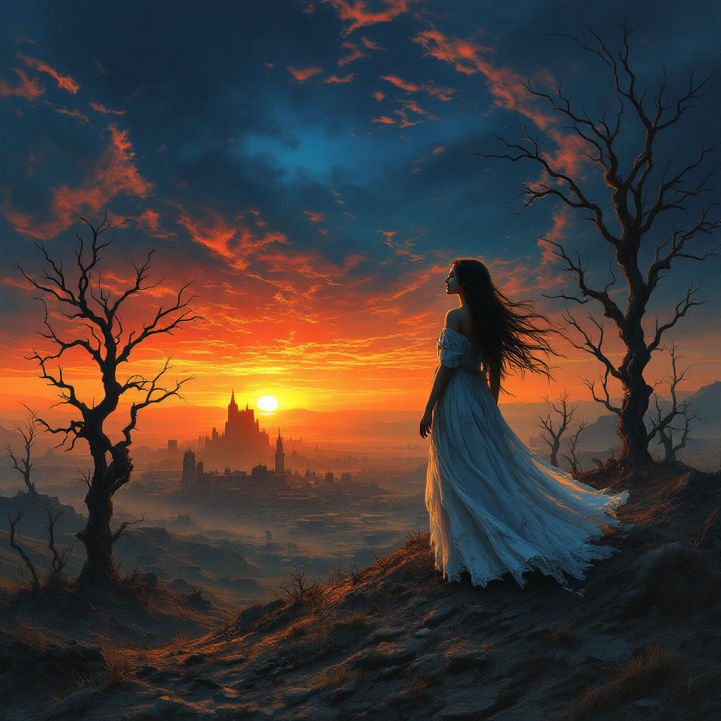 A silhouetted figure in a flowing white dress stands on a rocky outcrop, gazing at a castle against a backdrop of a dramatic sunset, evoking themes of life, death, and waiting for the end.