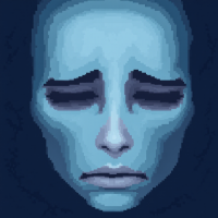 A somber, pixelated face with closed eyes and a sorrowful expression, embodying themes of fear and despair, resonating with the quote about fear as a mind-killer.