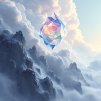 A luminous, multifaceted crystal hovers above rugged mountains, surrounded by soft, billowing clouds, embodying the concept of hidden possibilities beneath perceived reality.