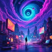 A silhouette stands in a vibrant, futuristic cityscape, gazing up at a swirling cosmic vortex, symbolizing the intricate interplay of time and space in the universe.